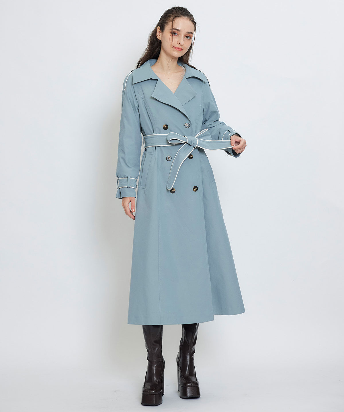 REDYAZEL「バックベルトデザインパイピングロングトレンチコート」|トレンチコート|