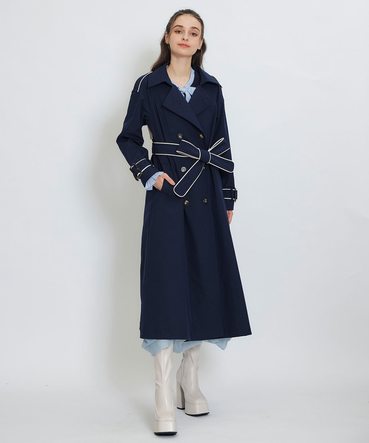 REDYAZEL「バックベルトデザインパイピングロングトレンチコート」|トレンチコート|