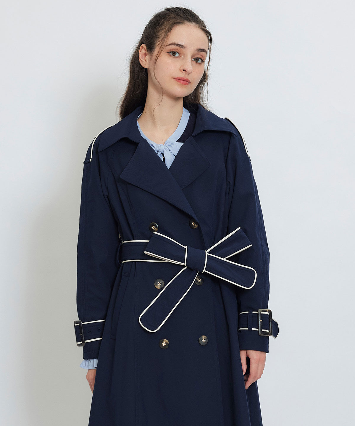 REDYAZEL「バックベルトデザインパイピングロングトレンチコート」|トレンチコート|