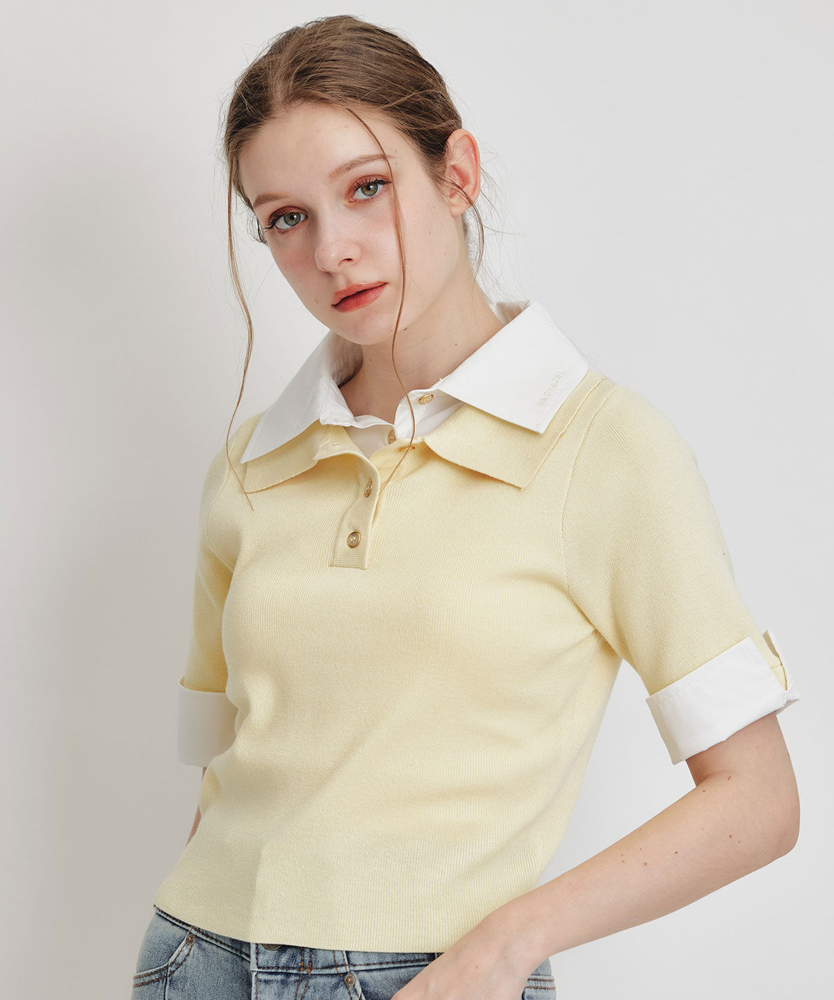 REDYAZEL「ダブルカラーハーフスリーブニットプルオーバー」|ニット・セーター|イエロー