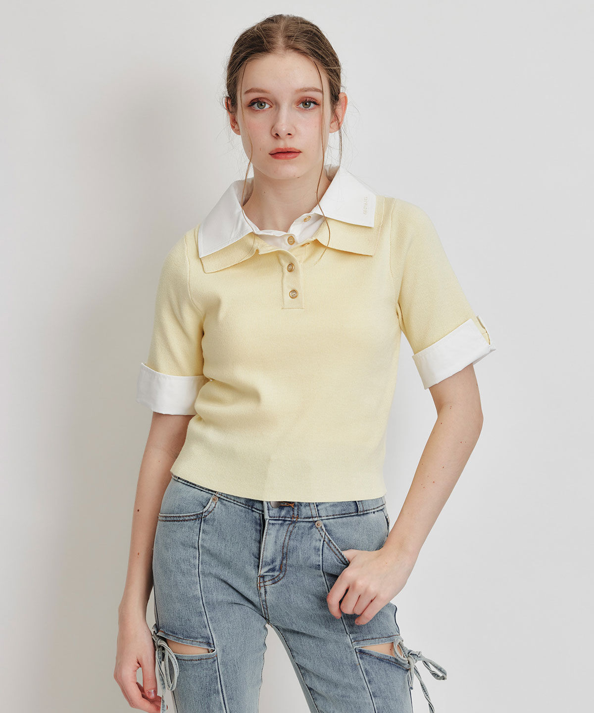 REDYAZEL「ダブルカラーハーフスリーブニットプルオーバー」|ニット・セーター|