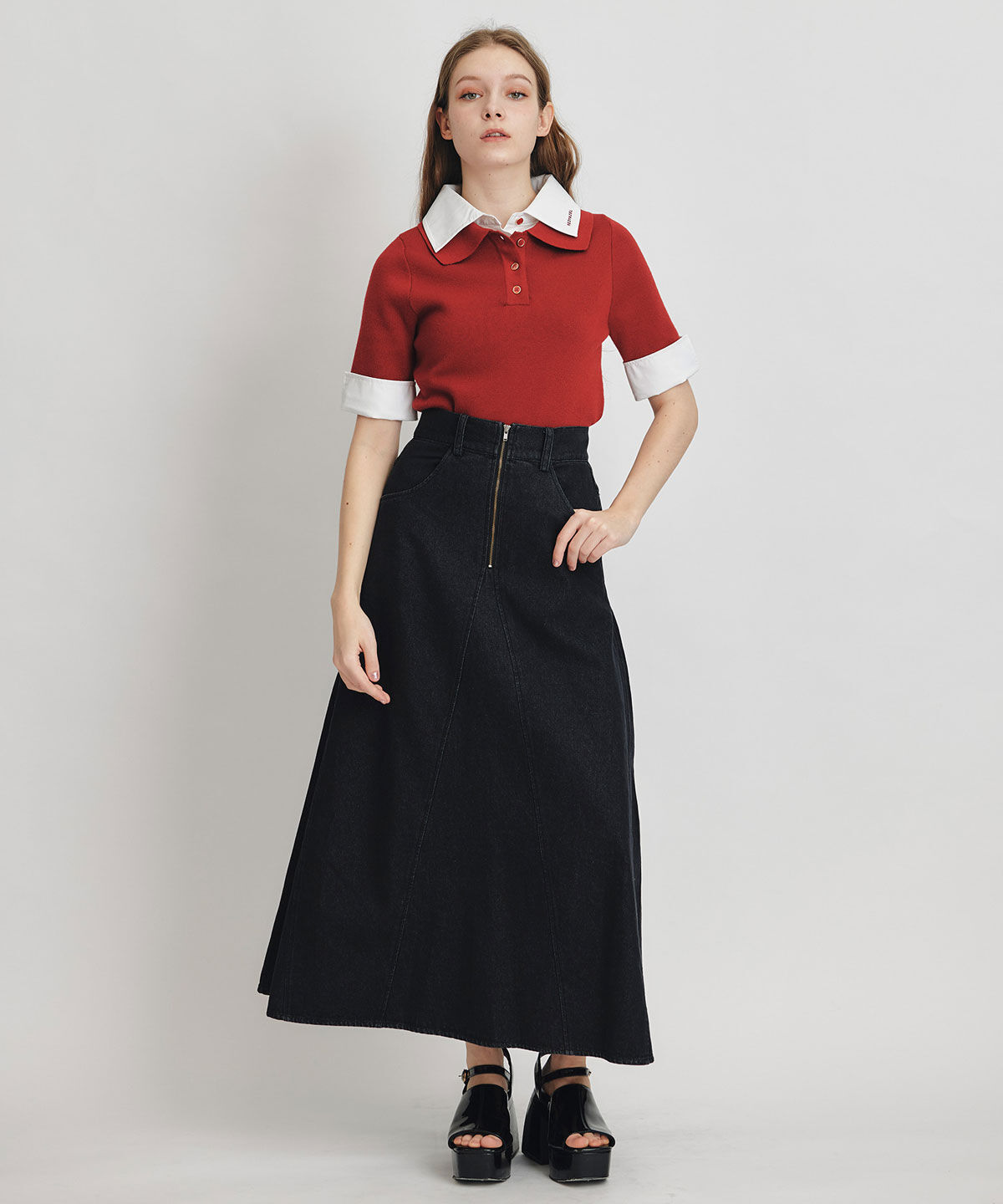 REDYAZEL「ダブルカラーハーフスリーブニットプルオーバー」|ニット・セーター|