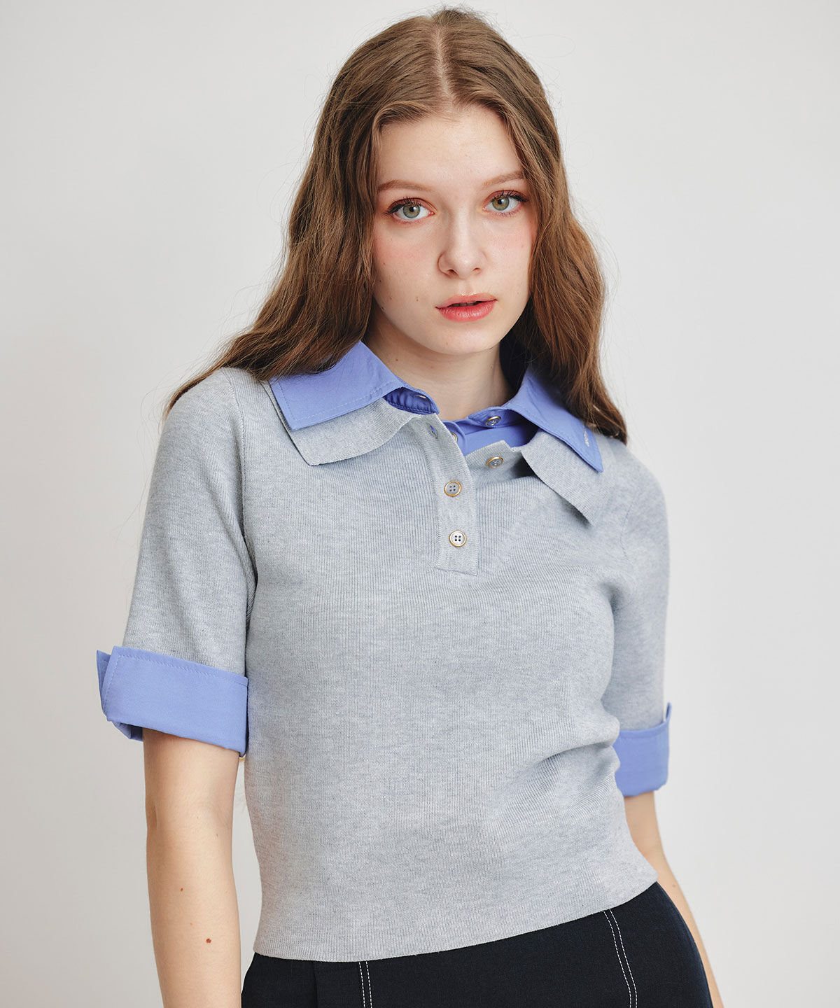 REDYAZEL「ダブルカラーハーフスリーブニットプルオーバー」|ニット・セーター|