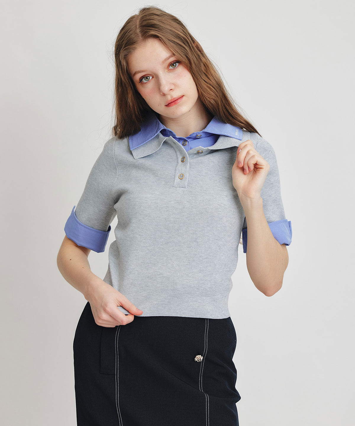 REDYAZEL「ダブルカラーハーフスリーブニットプルオーバー」|ニット・セーター|