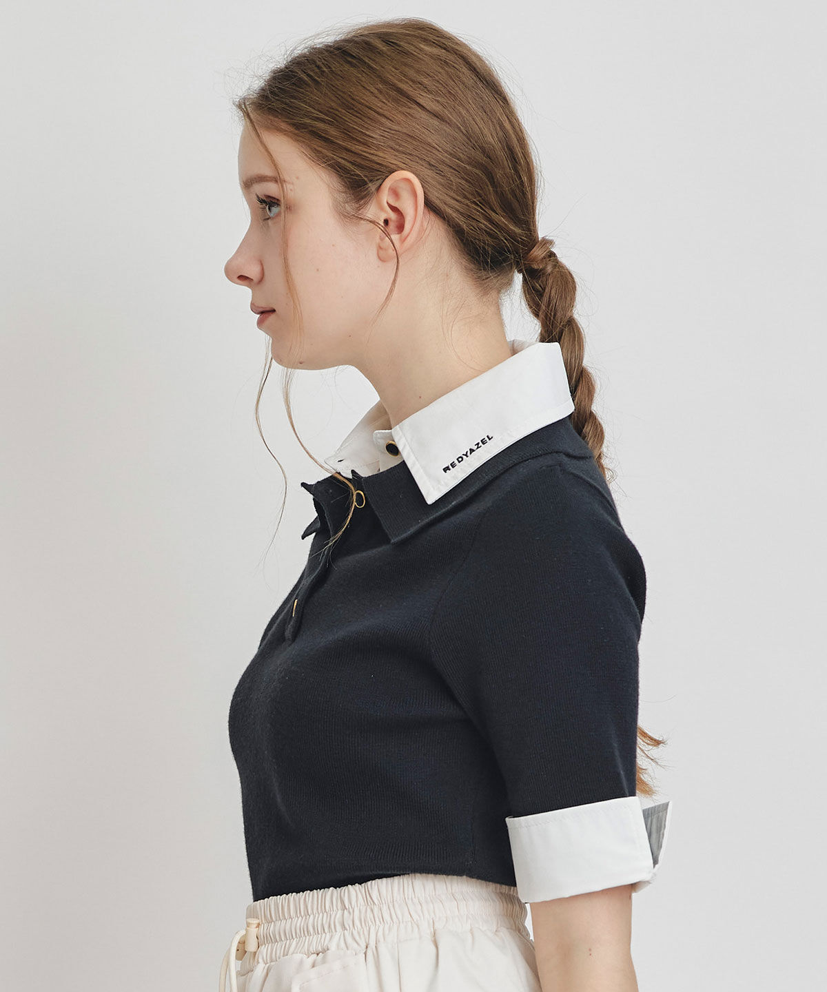 REDYAZEL「ダブルカラーハーフスリーブニットプルオーバー」|ニット・セーター|