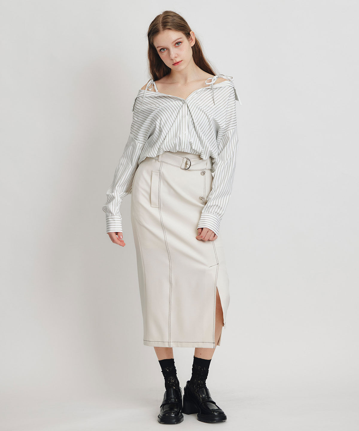 REDYAZEL「バイカラーステッチカッティングハイウエストタイトロングスカート」|タイト|