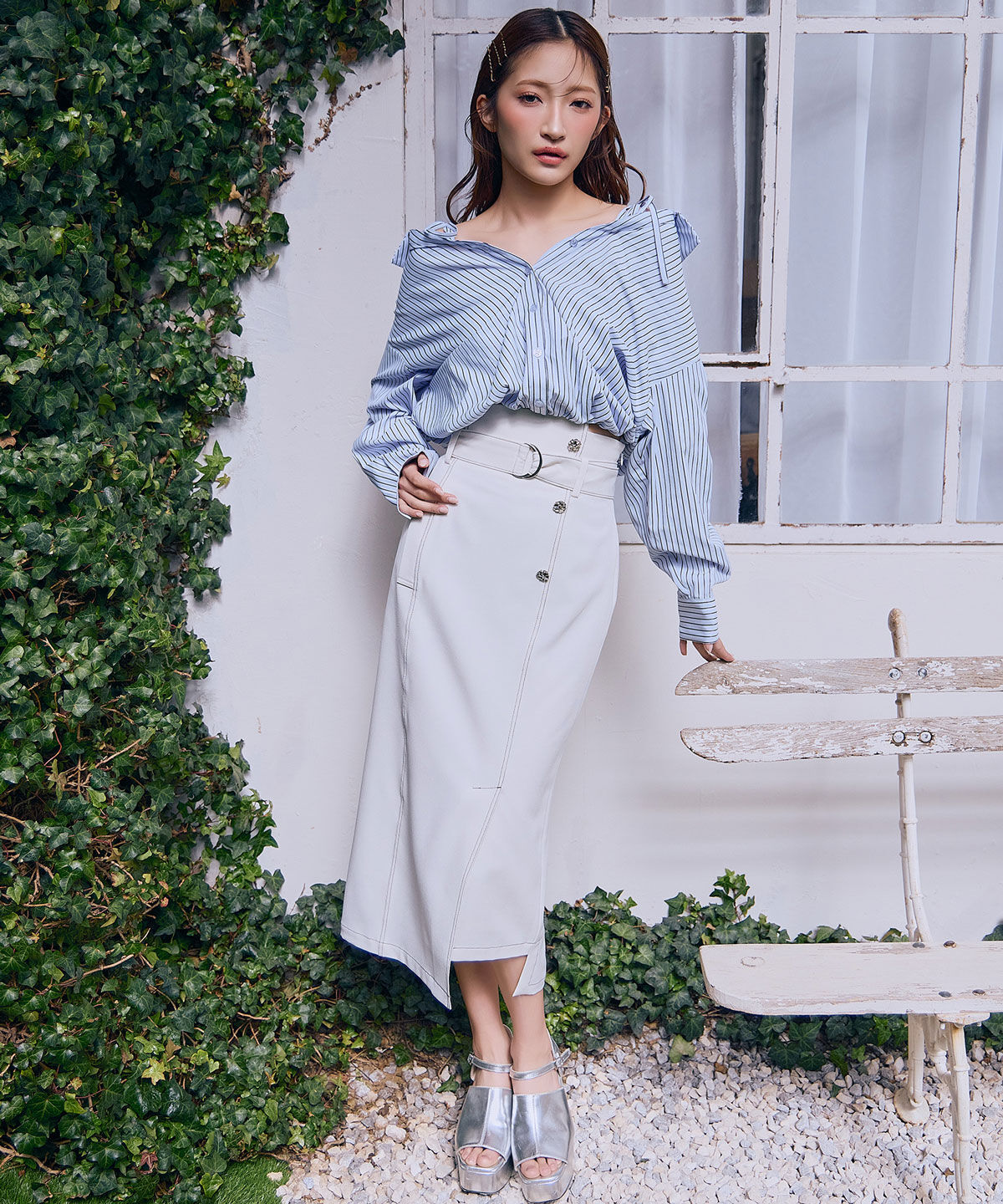 REDYAZEL「バイカラーステッチカッティングハイウエストタイトロングスカート」|タイト|