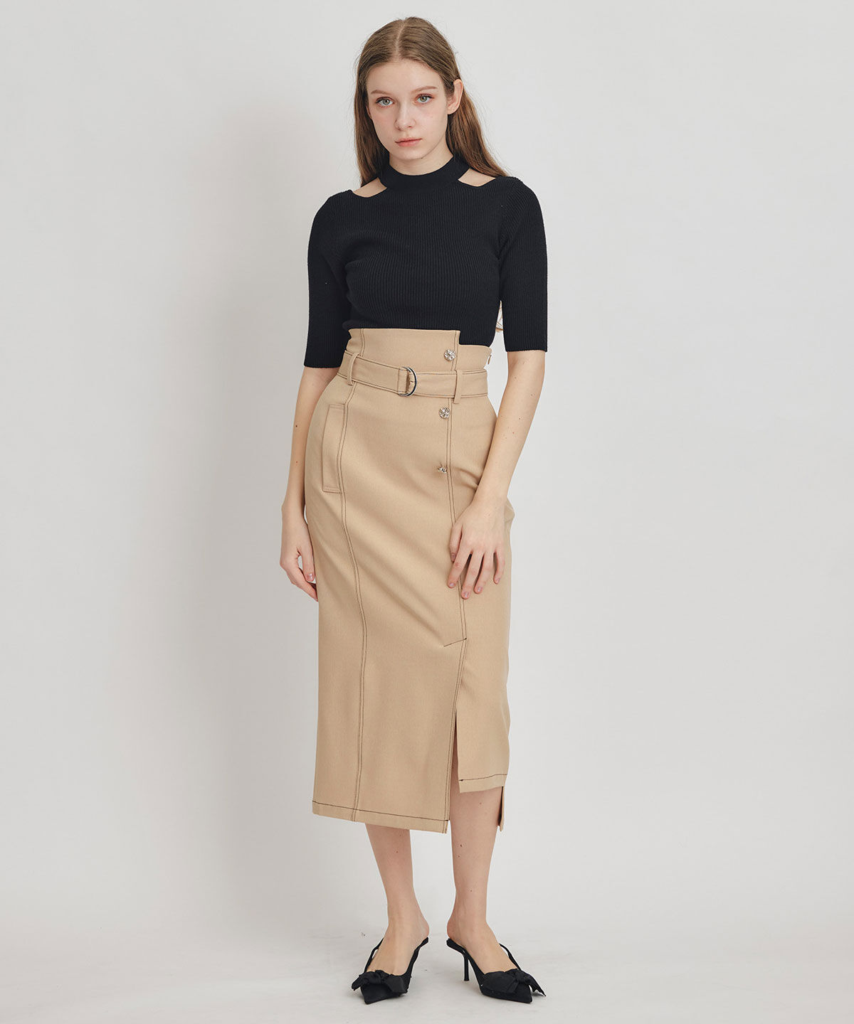 REDYAZEL「バイカラーステッチカッティングハイウエストタイトロングスカート」|タイト|