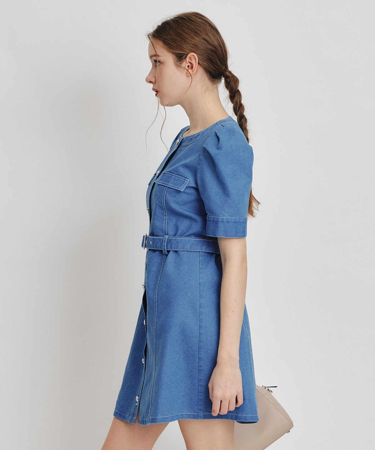 REDYAZEL「バイカラーステッチノーカラーデニムフレアミニワンピース」|ワンピース|