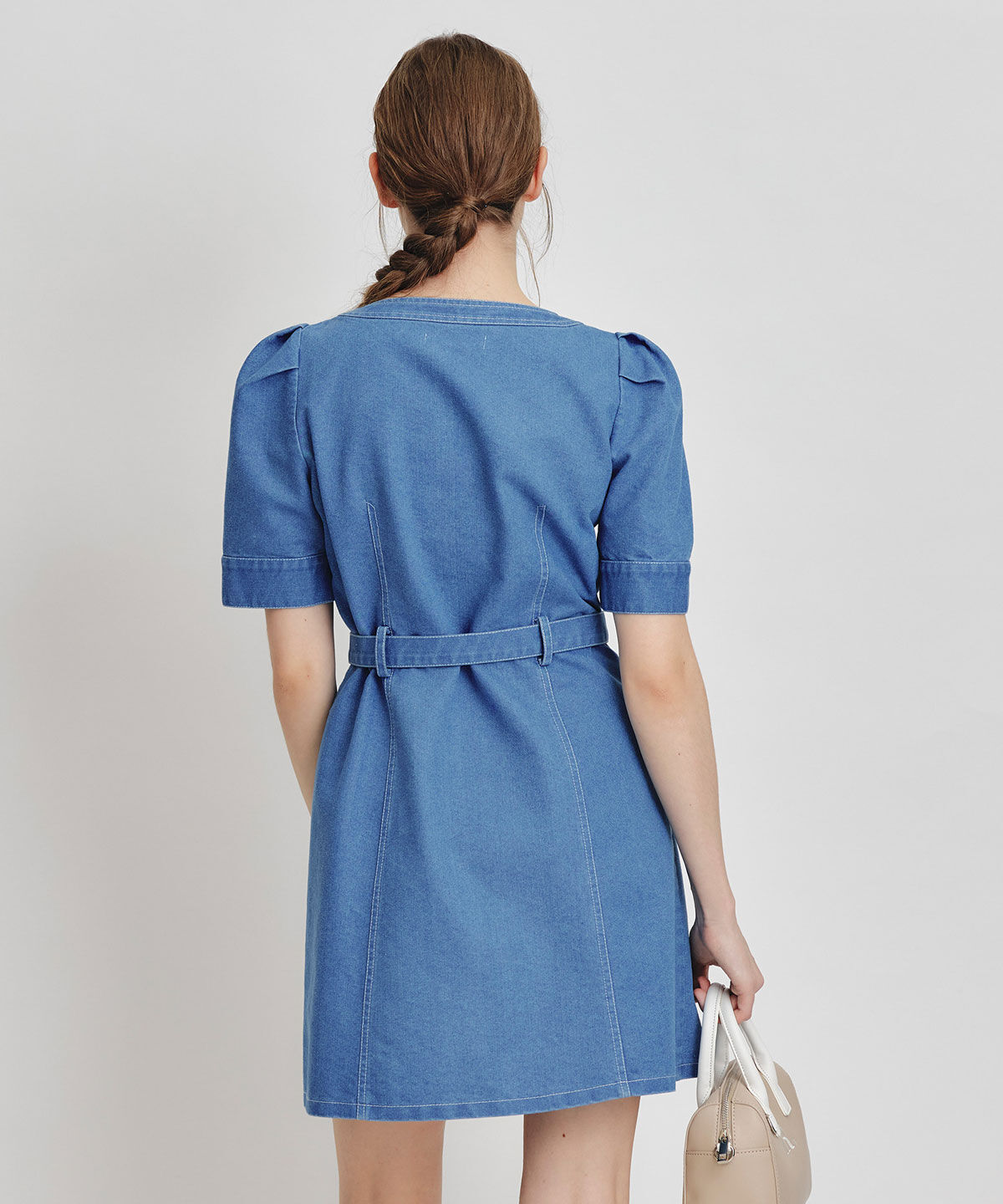 REDYAZEL「バイカラーステッチノーカラーデニムフレアミニワンピース」|ワンピース|