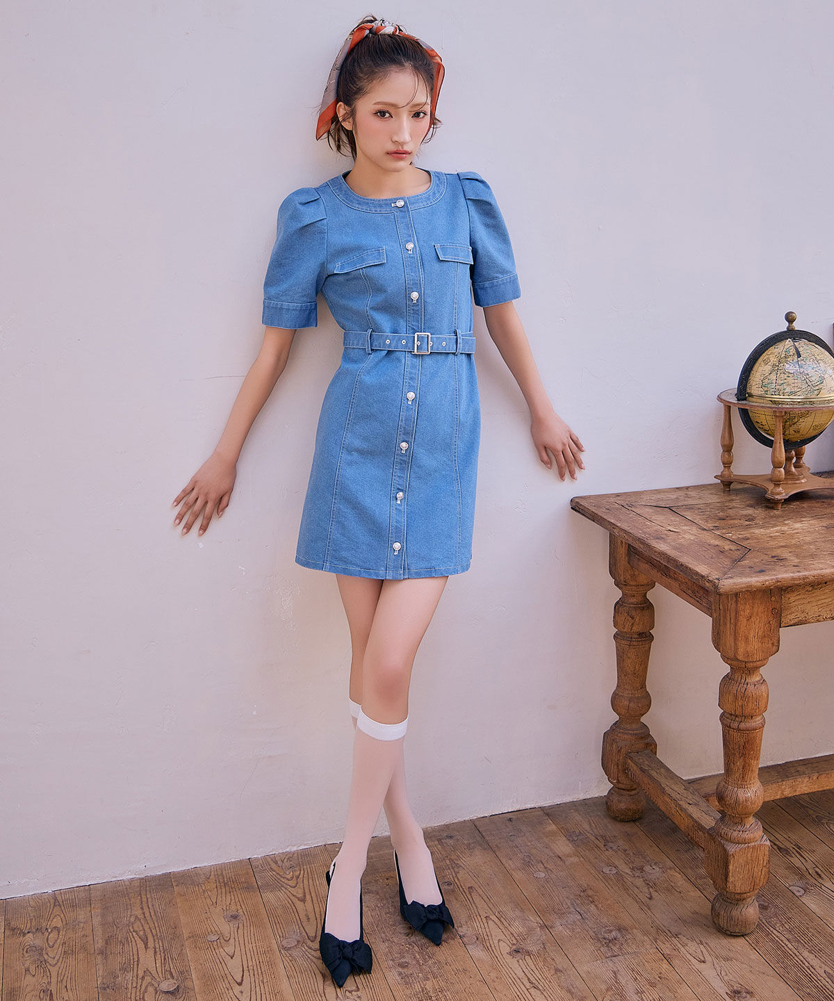 REDYAZEL「バイカラーステッチノーカラーデニムフレアミニワンピース」|ワンピース|