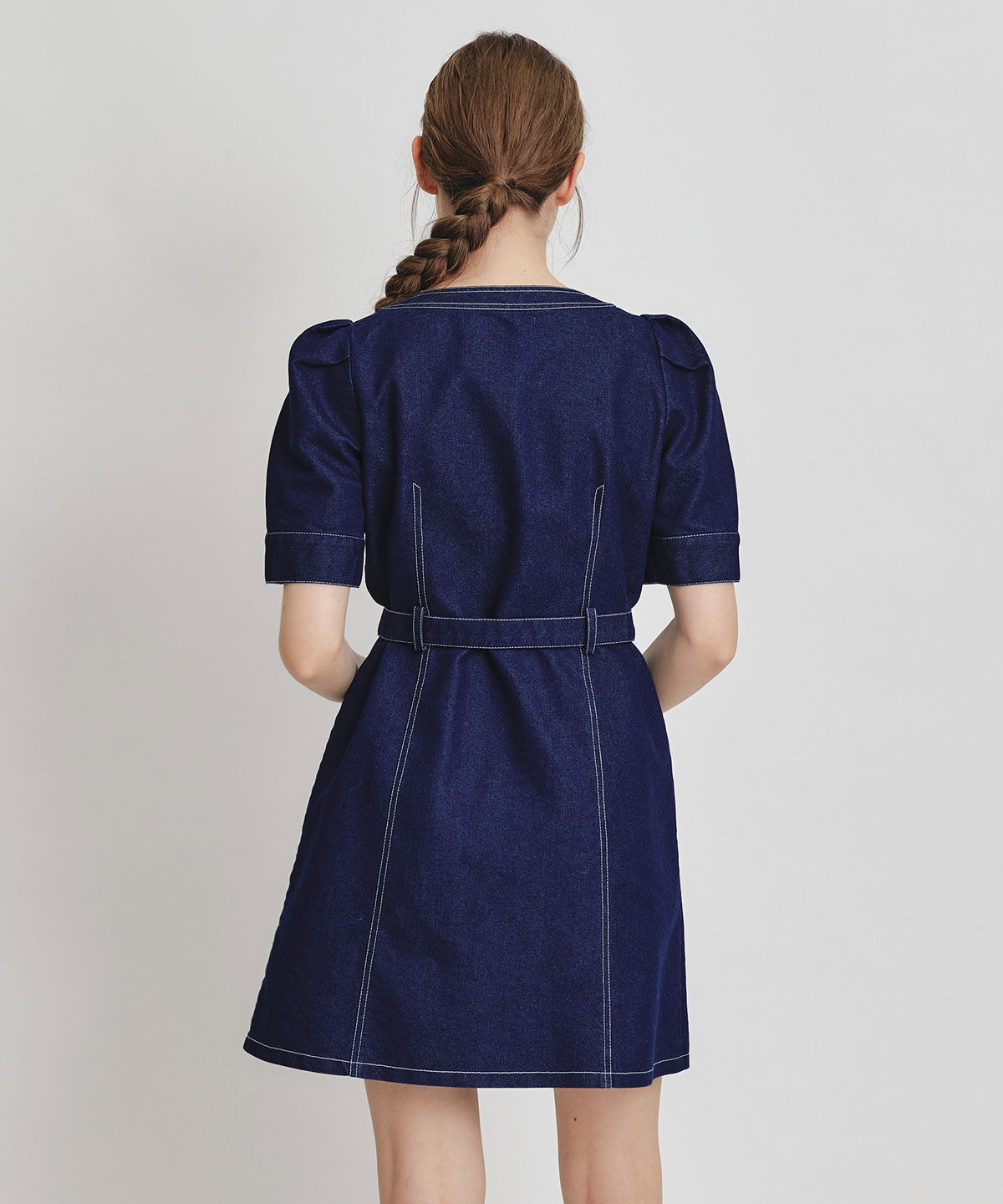 REDYAZEL「バイカラーステッチノーカラーデニムフレアミニワンピース」|ワンピース|