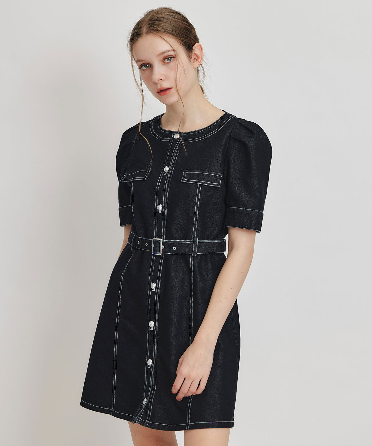 REDYAZEL「バイカラーステッチノーカラーデニムフレアミニワンピース」|ワンピース|