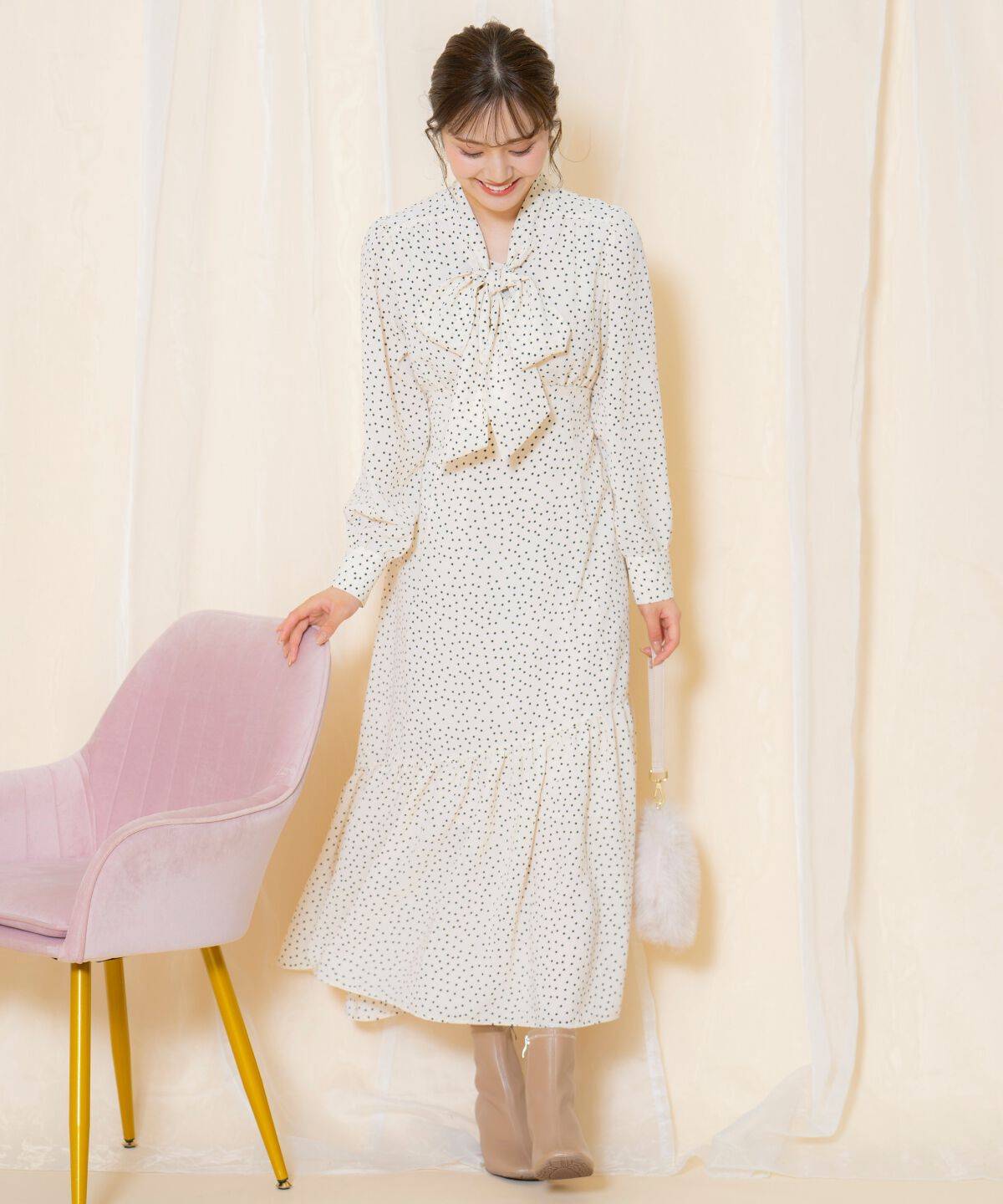 WILLSELECTION「ドット柄ギャザーヘムボウタイワンピース」|ワンピース|