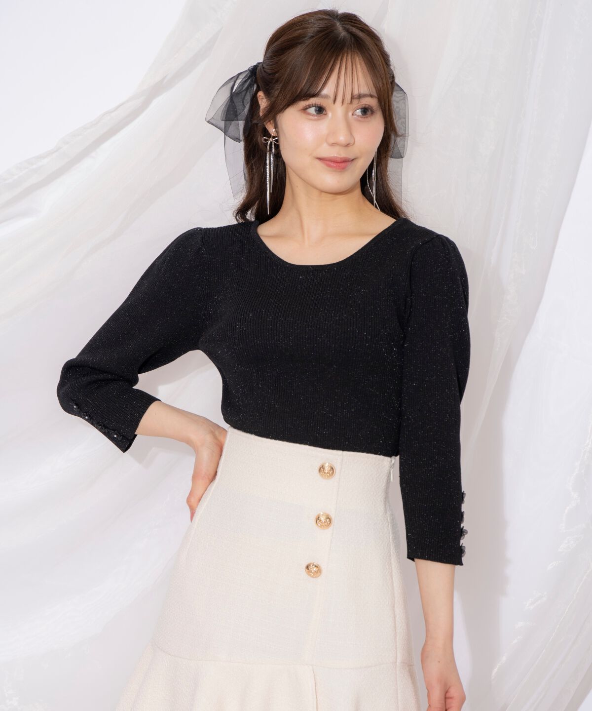 WILLSELECTION「袖フラワーラメ7分袖ニットプルオーバー」|ニット・セーター|