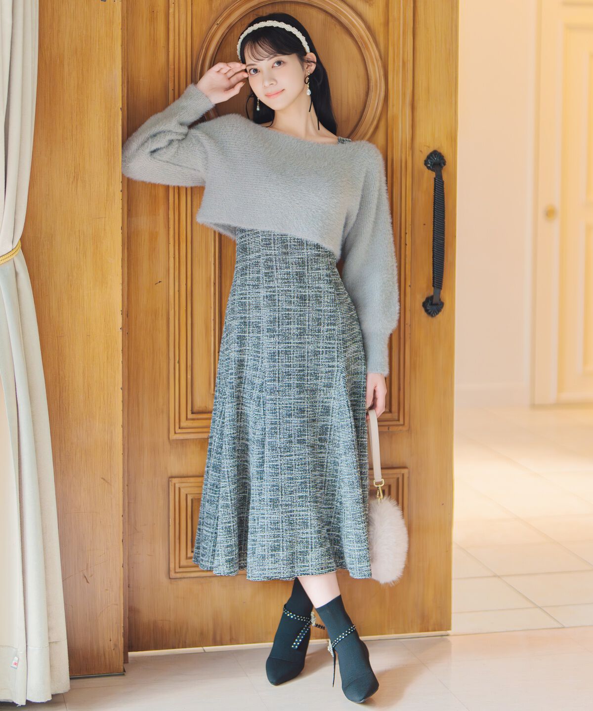 WILLSELECTION「カットツイードワンピース&times;フェザーニットSET」|ワンピース|ブルー