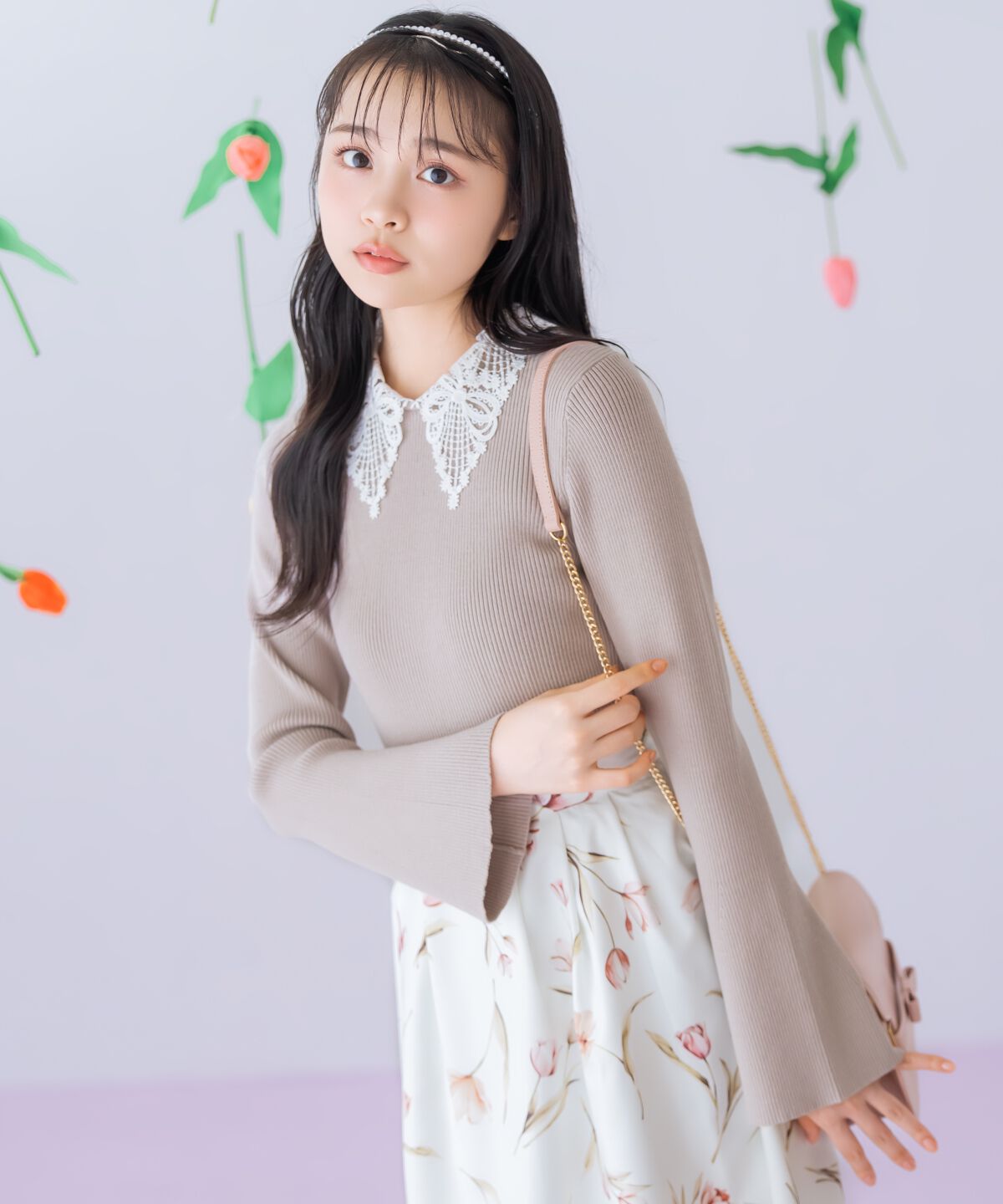 WILLSELECTION「リボンレースカラーフレアスリーブニット」|ニット・セーター|ピンク