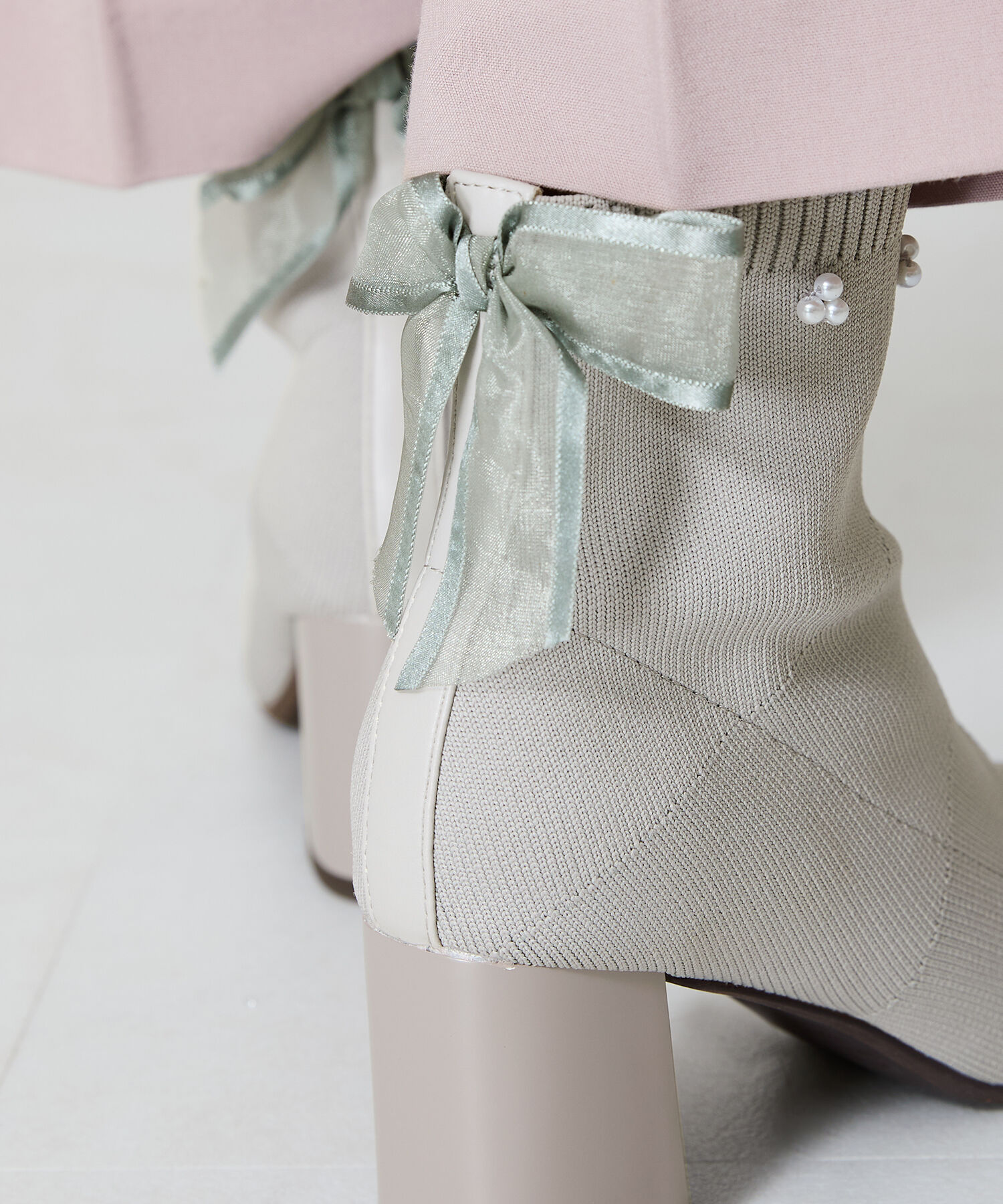 ORiental TRaffic「チュールリボン&times;パール ニットブーツ /41429」|ショートブーツ|