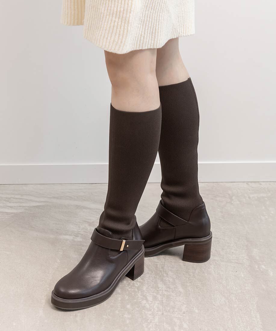  「ラウンドトゥニットドッキングロングブーツ」|ロングブーツ|
