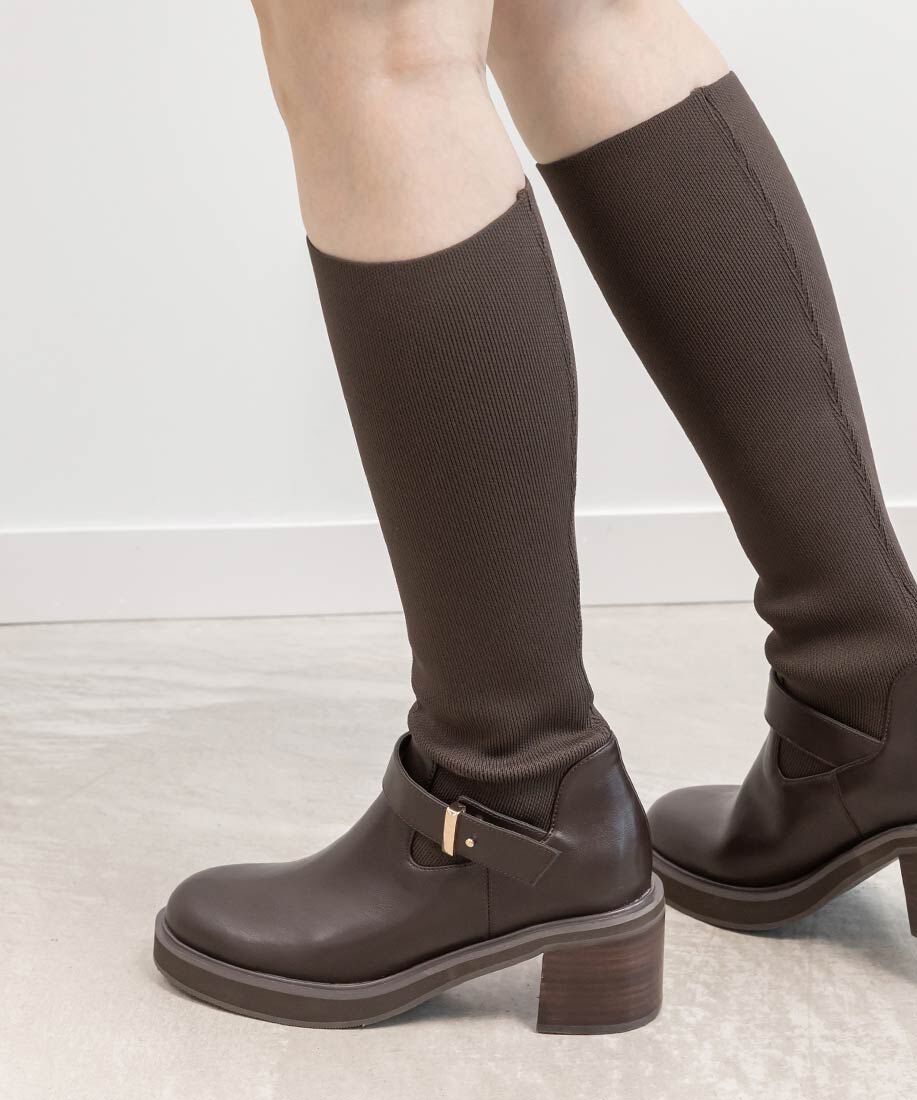  「ラウンドトゥニットドッキングロングブーツ」|ロングブーツ|