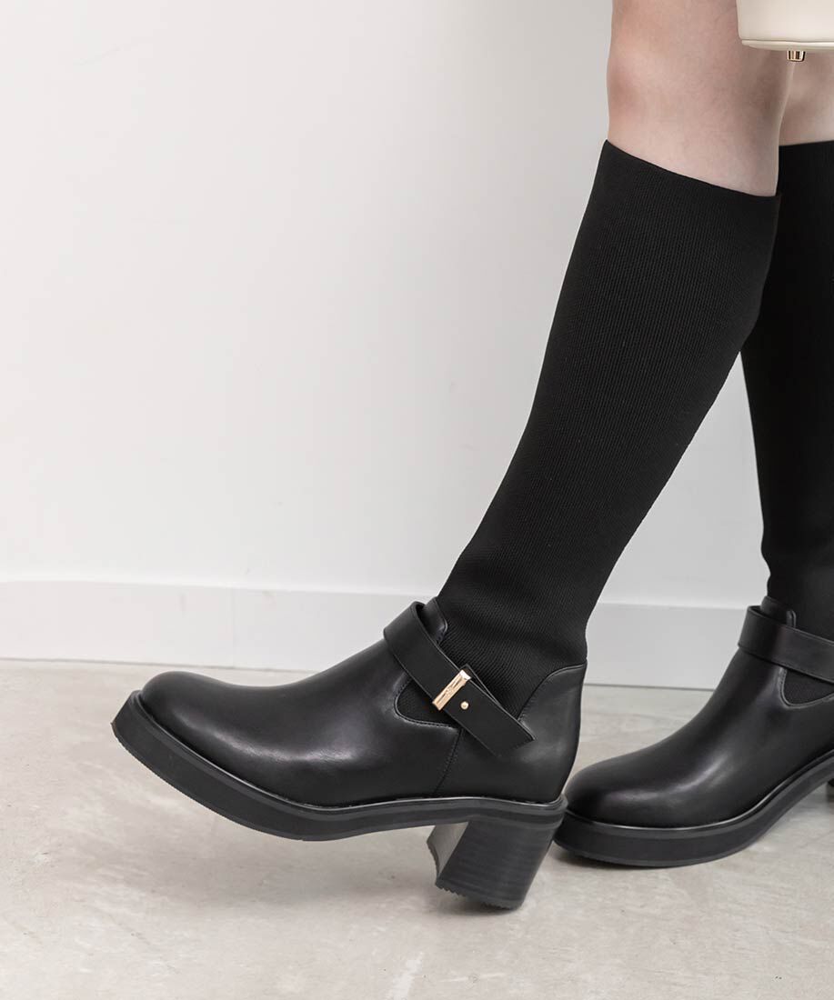  「ラウンドトゥニットドッキングロングブーツ」|ロングブーツ|