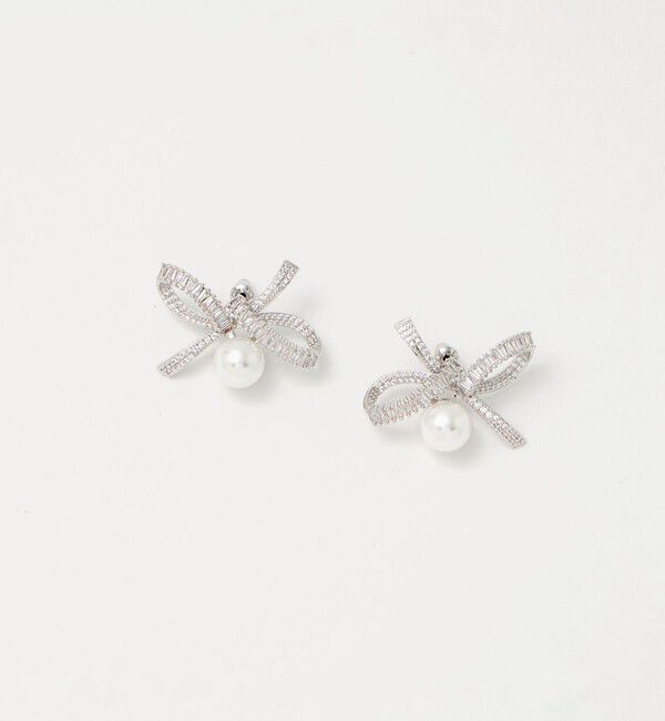 UNITED ARROWS「リボンパヴェ＆イミテーションパール ピアス」|ピアス|SILVER