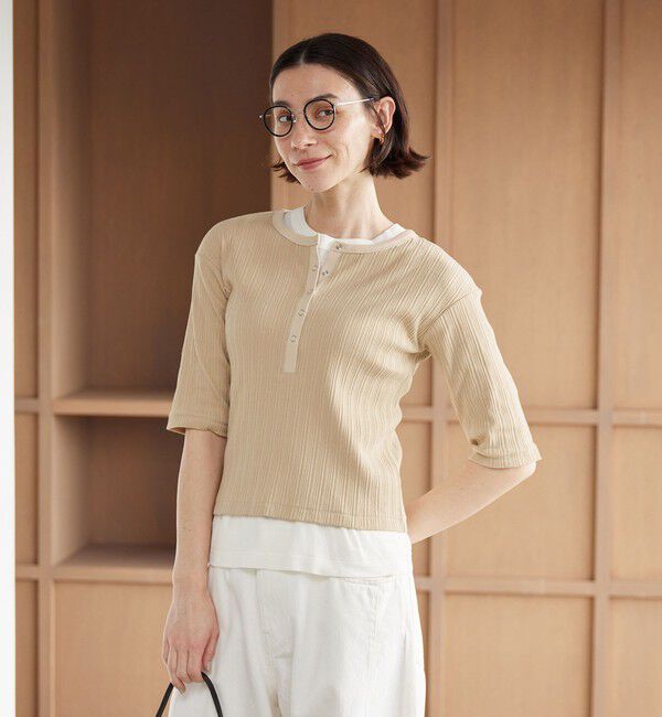 BEAUTY&YOUTH UNITED ARROWS「【WEB限定】ランダムリブ ヘンリーネック スナップ 5分袖Tシャツ」|Tシャツ・カットソー|