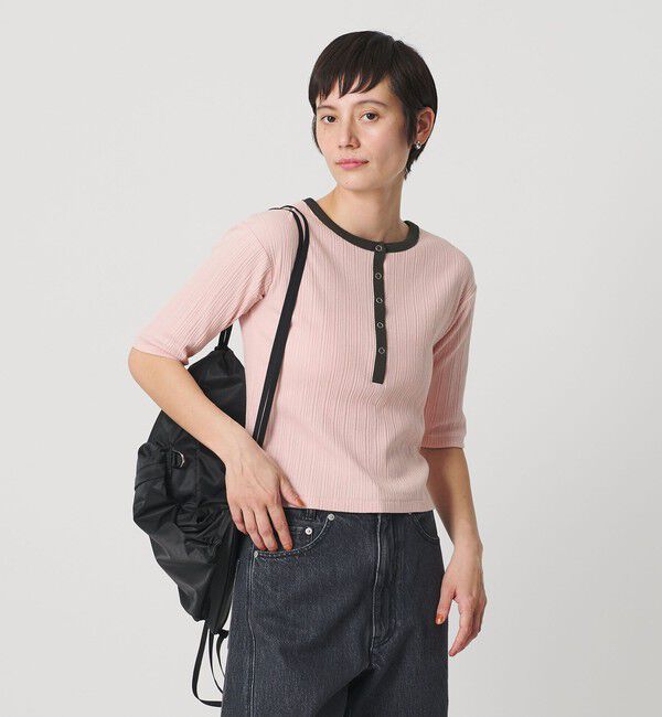 BEAUTY&YOUTH UNITED ARROWS「【WEB限定】ランダムリブ ヘンリーネック スナップ 5分袖Tシャツ」|Tシャツ・カットソー|LT.PINK