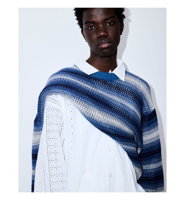 BEAMS「グラデーションボーダー メッシュ クルーネック【ワイドフィット】」|ニット・セーター|