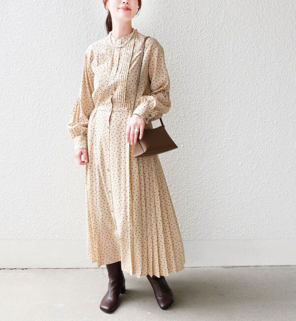 SHIPS for women「〈手洗い可能〉ドット / 花柄 バンドカラー サイド プリーツ ワンピース」|ワンピース|