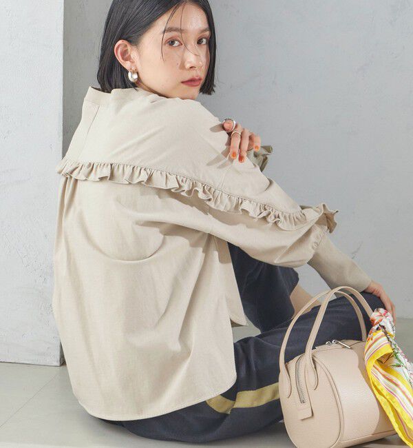 SHIPS for women「〈洗濯機可能〉ロング リブ スリーブ フリル カットソー」|Tシャツ・カットソー|ベージュ