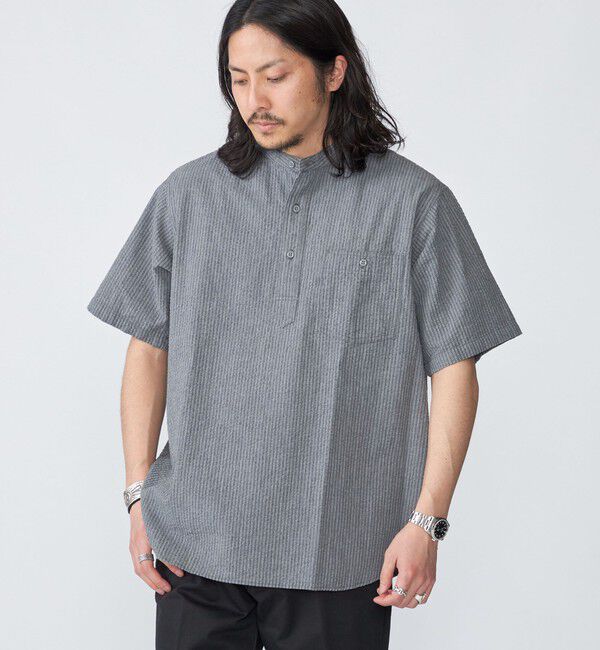 SHIPS「SHIPS: シアサッカー プルオーバー バンドカラー ショートスリーブ シャツ」|シャツ・ブラウス|グレー