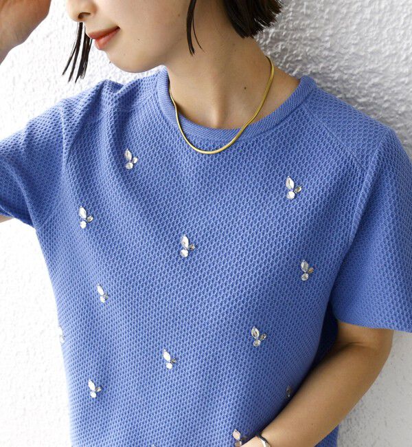 SHIPS for women「【WEB限定】〈手洗い可能〉ハイツイスト コットン ビジュー カノコ ニット」|プルオーバー|ライトブルー