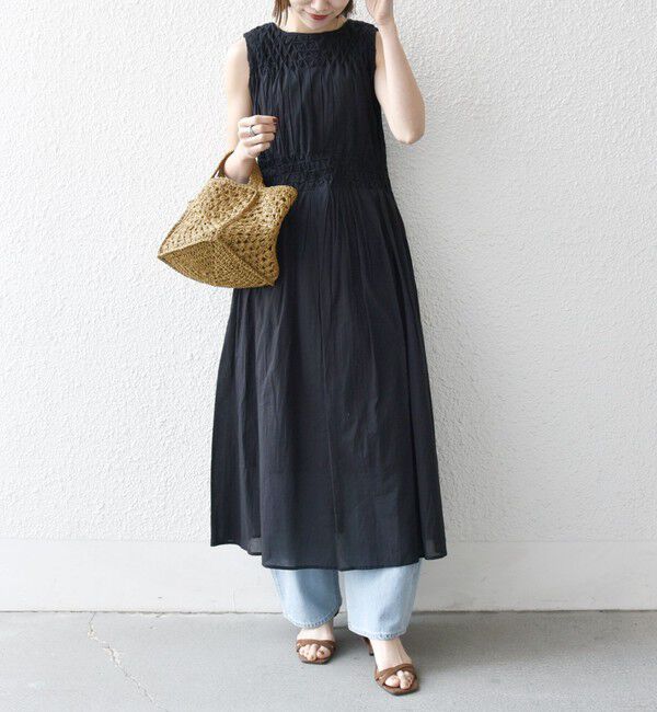 SHIPS any「《一部追加予約》【WEB限定】SHIPS any: ハンドスモッキング  コットン フレア ノースリーブ ワンピース」|ワンピース|