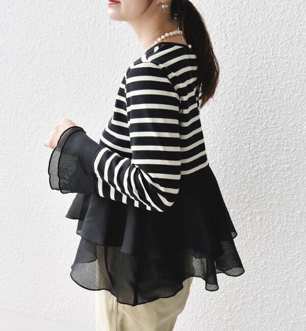 SHIPS for women「【WEB限定】〈手洗い可能〉ボーダー フリル ティアード プルオーバー」|Tシャツ・カットソー|ブラック