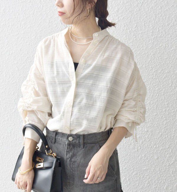 SHIPS any「SHIPS any: シアー ジャカード シャーリング バンドカラー シャツ」|シャツ・ブラウス|