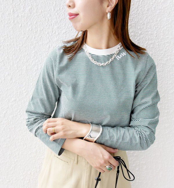 SHIPS for women「【WEB限定】〈洗濯機可能〉刺繍 デザイン ボーダー リンガー TEE」|Tシャツ・カットソー|ダークグリーン