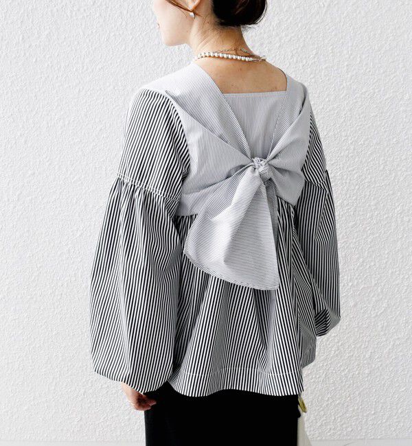 SHIPS for women「【WEB限定】〈手洗い可能〉前後 2WAY リボン デザイン ストライプ ブラウス」|シャツ・ブラウス|