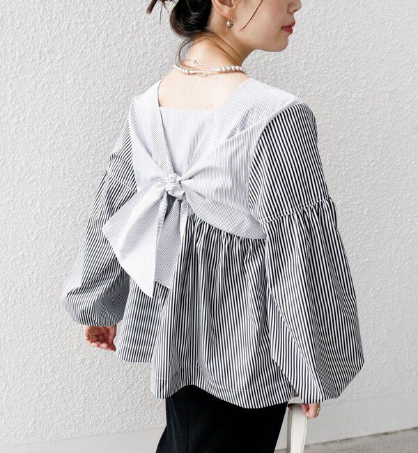 SHIPS for women「【WEB限定】〈手洗い可能〉前後 2WAY リボン デザイン ストライプ ブラウス」|シャツ・ブラウス|