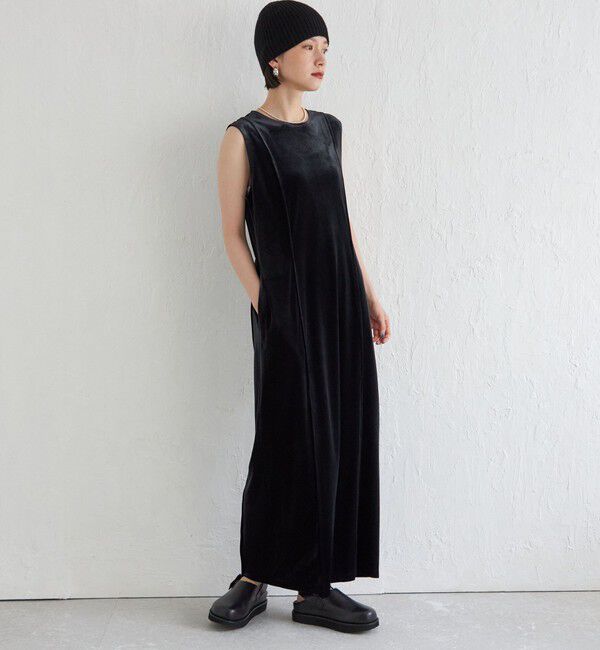 SHIPS for women「Wai＋:〈手洗い可能〉ストレッチ ポリエステル ベロア ワンピース」|ワンピース|ブラック