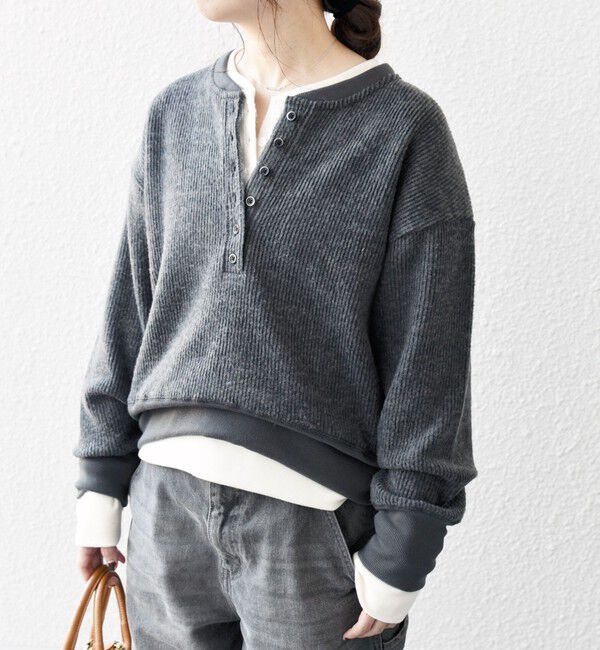 SHIPS any「SHIPS any:〈手洗い可能〉起毛 ワッフル ヘンリーネック コンパクト プルオーバー」|Tシャツ・カットソー|