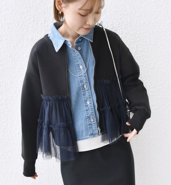 SHIPS for women「【WEB限定】 〈手洗い可能〉ダンボール &times; チュール ジップ 羽織」|その他|ネイビー