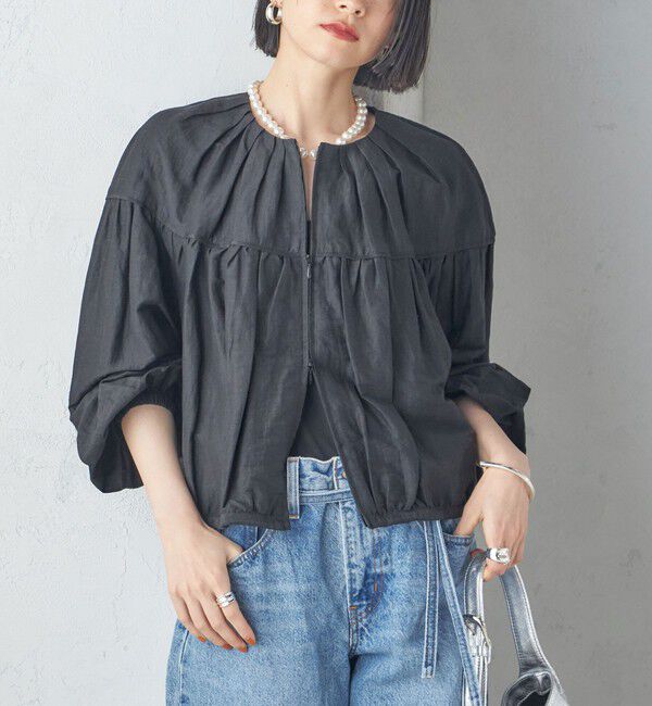 SHIPS for women「〈手洗い可能〉リネン混 シアー ギャザー ブルゾン」|ブルゾン・スタジャン|ブラック