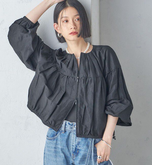 SHIPS for women「〈手洗い可能〉リネン混 シアー ギャザー ブルゾン」|ブルゾン・スタジャン|