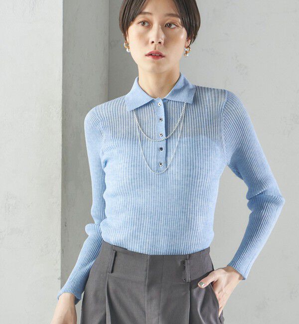 SHIPS for women「〈手洗い可能〉シアー リブ 長袖 ポロ ニット」|ニット・セーター|ライトブルー