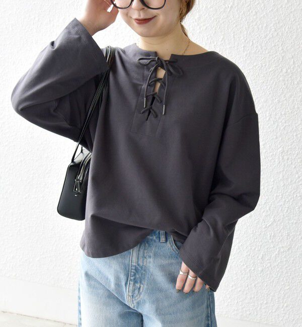 SHIPS any「SHIPS any:〈洗濯機可能〉インレイ レースアップ ロングスリーブ プルオーバー」|Tシャツ・カットソー|チャコールグレー