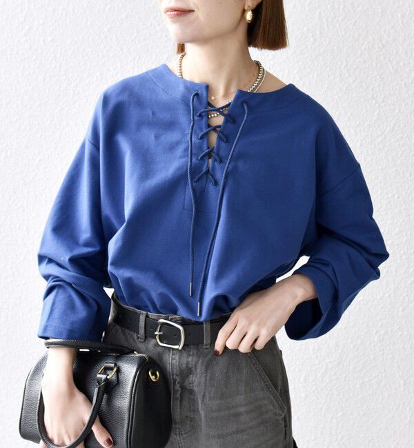 SHIPS any「SHIPS any:〈洗濯機可能〉インレイ レースアップ ロングスリーブ プルオーバー」|Tシャツ・カットソー|