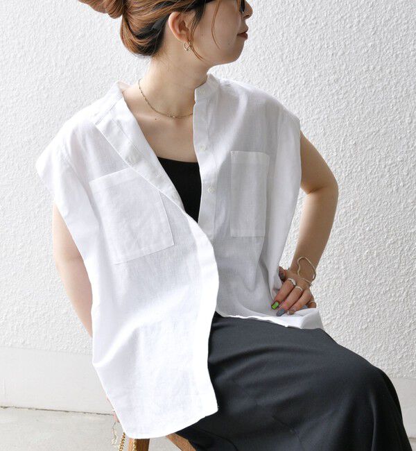 SHIPS any「SHIPS any:〈洗濯機可能〉リネン コットン バンドカラー フレンチスリーブ ポケット シャツ」|シャツ・ブラウス|ホワイト