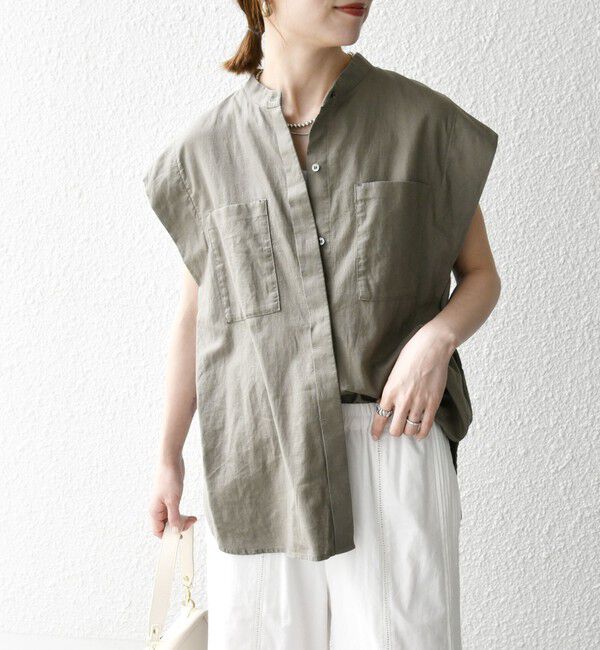 SHIPS any「SHIPS any:〈洗濯機可能〉リネン コットン バンドカラー フレンチスリーブ ポケット シャツ」|シャツ・ブラウス|