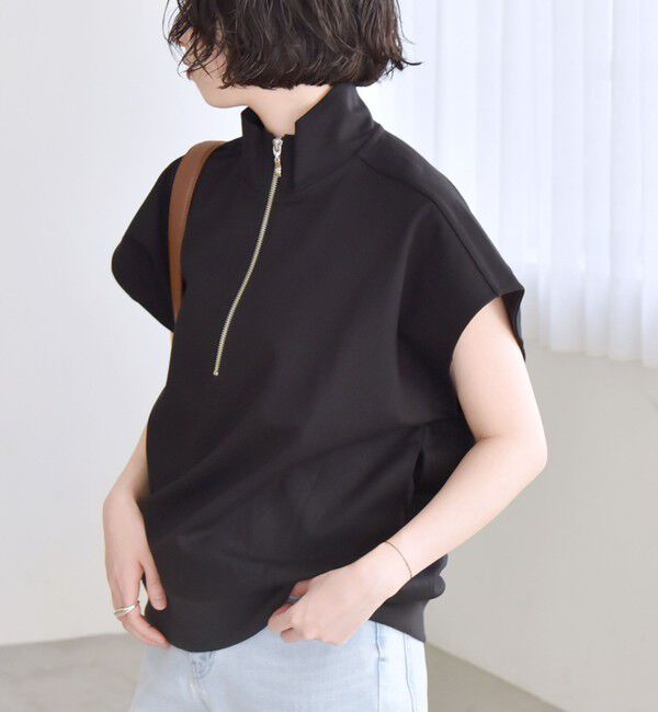 quaranciel「quaranciel:〈洗濯機可能〉ライト ポンチ ハーフジップ フレンチスリーブ TEE」|Tシャツ・カットソー|